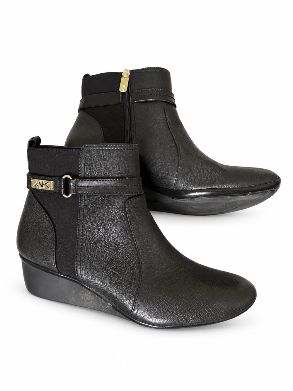 Anne Klein Black Leather Wedge Ankle Booties with Gold Accent
